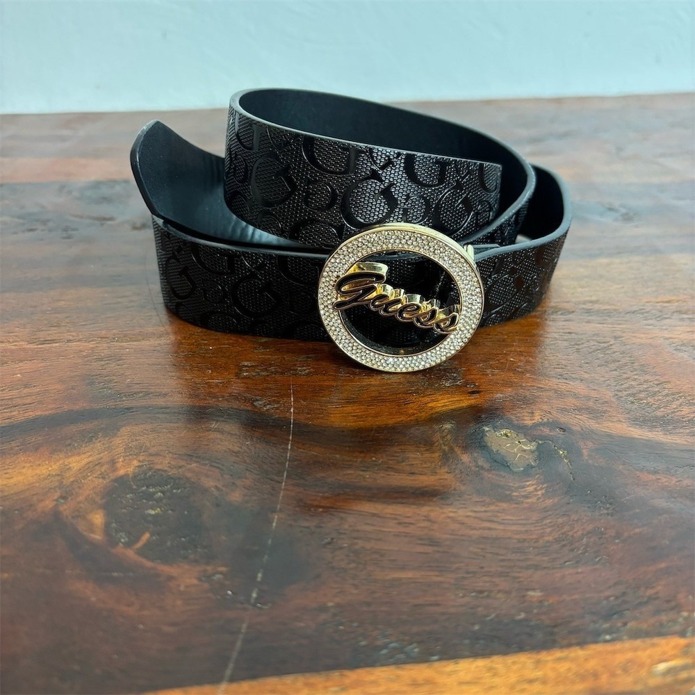 GUESS Womens Belt Black Embossed Logo Gold Rhinestone‎ Buckle Size S